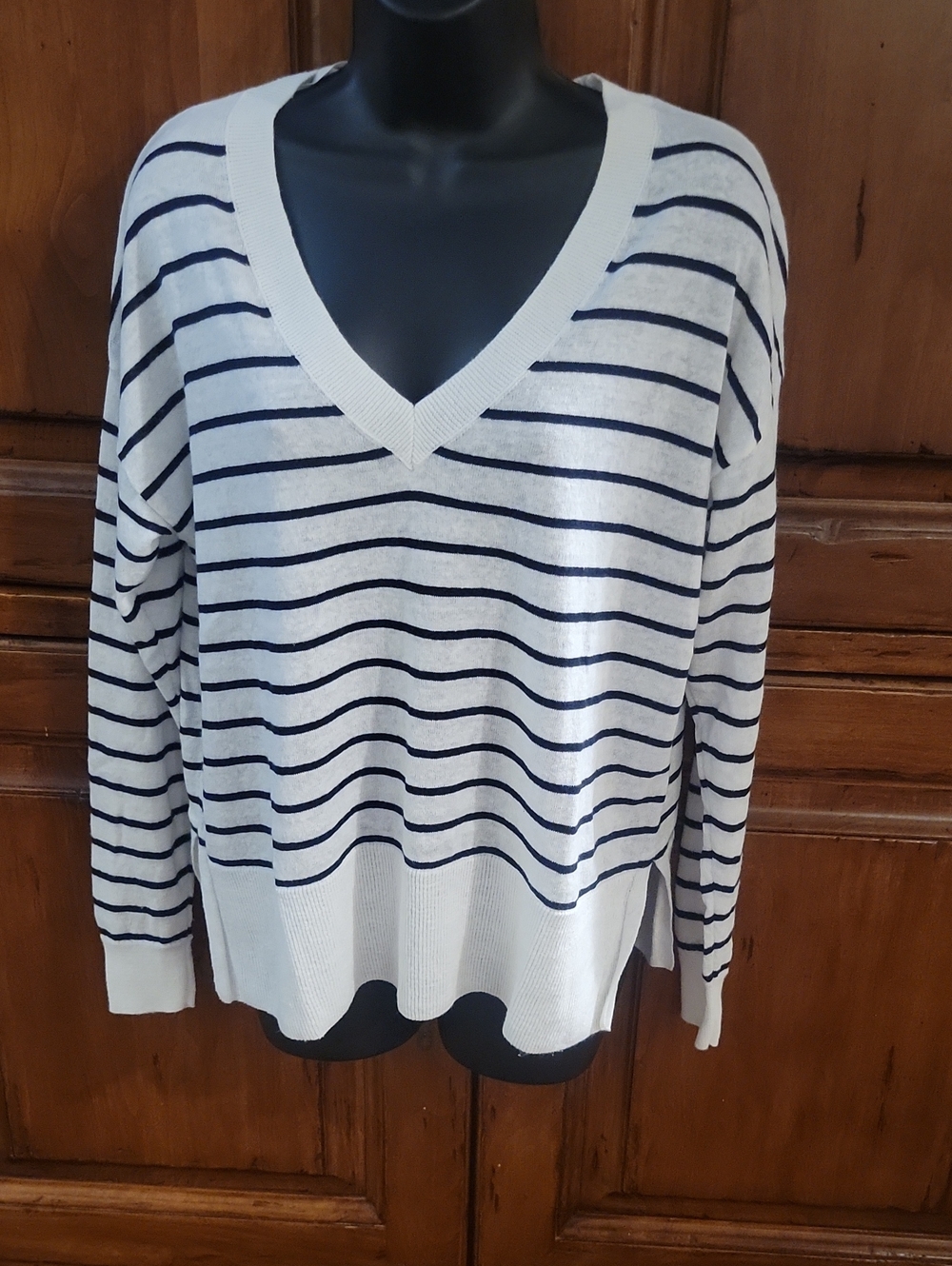 GAP Cream V-Neck Sweater with Navy Stripes